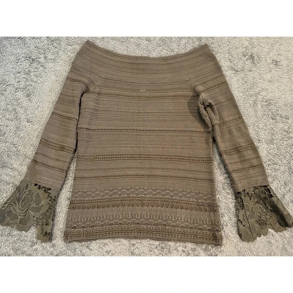 INC International Concepts Green Off Shoulder Lace Floral Bell Sleeve Sweater S